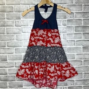 PINKY girls sleeveless halter top style dress.  Backless. Red, white‎ and blue.